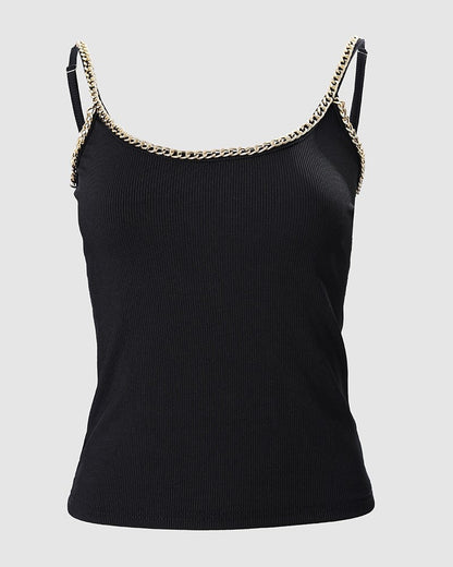 Chain Decor U-Neck Ribbed Cami Top Sleeveless Women Spring Summer Camis Tanks Tops Sexy Short