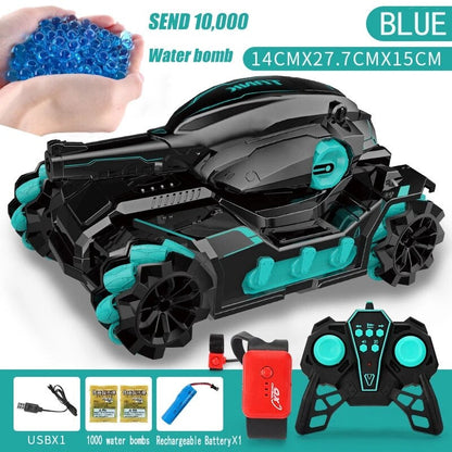 Child Water Bomb Tank Rc Car Kid Toy Gesture Induction 4Wd Radio Control Stunt Car Vehicle Drift Rc Toys with Light and Music Blue Double RC