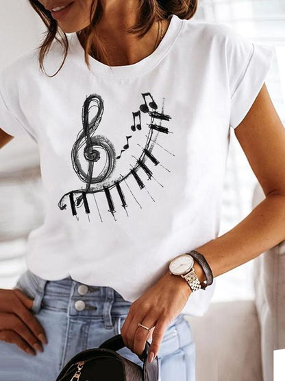 Clothing Fashion Tee Women T-shirt Summer Short Sleeve Print Clothes Music Sweet Trend Cute Graphic T Shirt Female Top MGQ29064