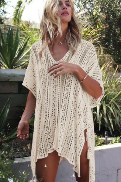 Crochet Beach Robe Shawl Beach Cover Up 2023 Sexy Swimwear Cutout Cover Up Women Kaftan Ladies Summer Swimwear Cover Ups APRICOT One Size