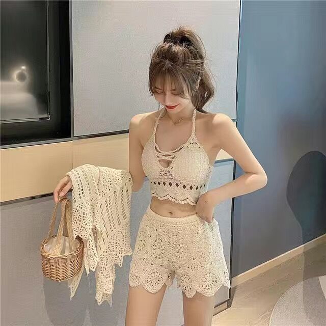 Crop Tops Retro Wild Hollow Perspective Tassel Sexy Spaghetti Strap Tanke Top Women Built In Bra New Back Lace Halter Neck 5beige One Size(40-70kg)