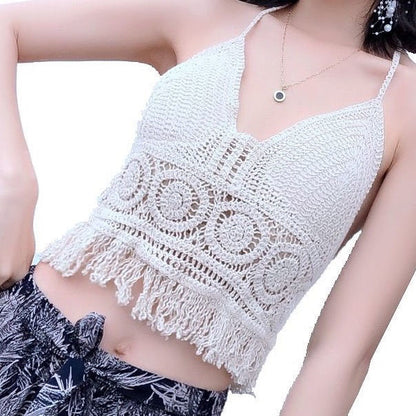 Crop Tops Retro Wild Hollow Perspective Tassel Sexy Spaghetti Strap Tanke Top Women Built In Bra New Back Lace Halter Neck 1white One Size(40-70kg)