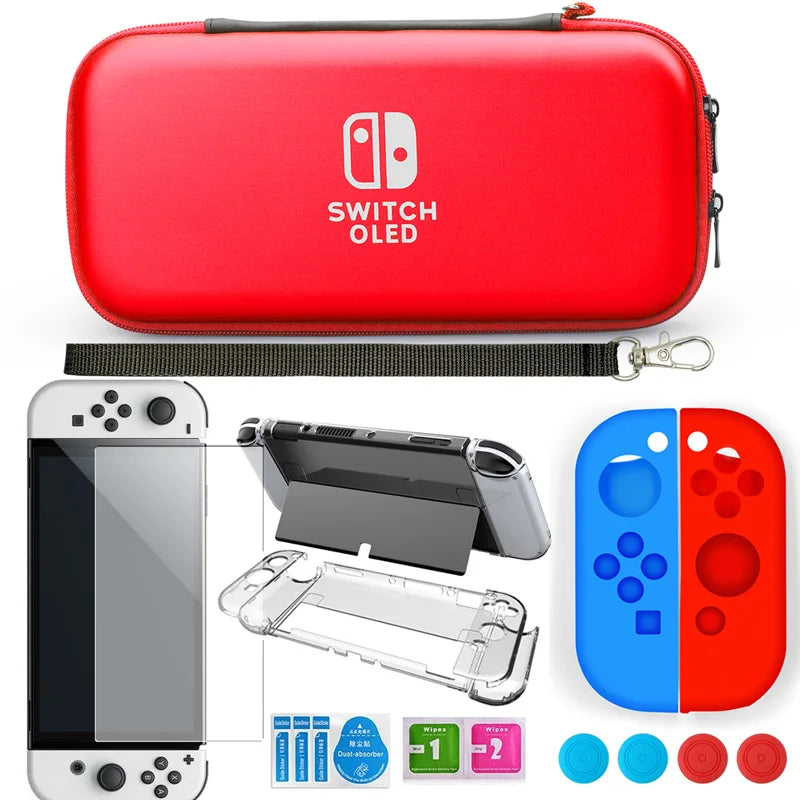 Crystal Clear Case Kit for Nintendo Switch Oled Carrying Travel Bag Pouch for Ns Oled Game Console Protection & Screen Protector Red kit