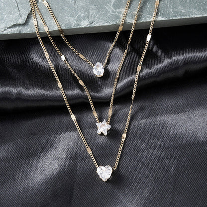 Crystal Zircon Heart Star Charm Layered Pendant Necklace Set for Women Charms Fashion Square Rhinestone Female Vintage Jewelry