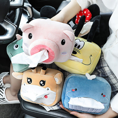 Cute Cartoon Car Tissue Box Plush Napkin Holder Universal Auto Home Room Paper Case Animal Decoration Bracket