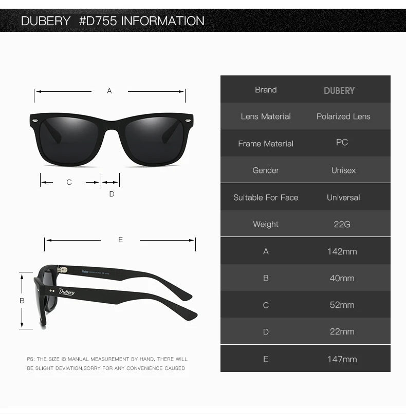 DUBERY Carbon Fiber Sunglasses Vintage Polarized Men's Sun Glasses For Men Driving Black Square Oculos Male 6 Colors Model 755