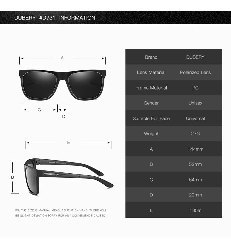 DUBERY Design Polarized HD Sunglasses Men Driver Shades Male Sun Glasses For Men Summer Mirror Square Oculos UV400 187