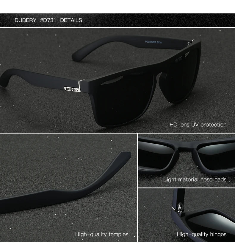 DUBERY Vintage Sunglasses Polarized Men's Sun Glasses For Men Driving Black Square Oculos Male 10 Colors Model UV400 731