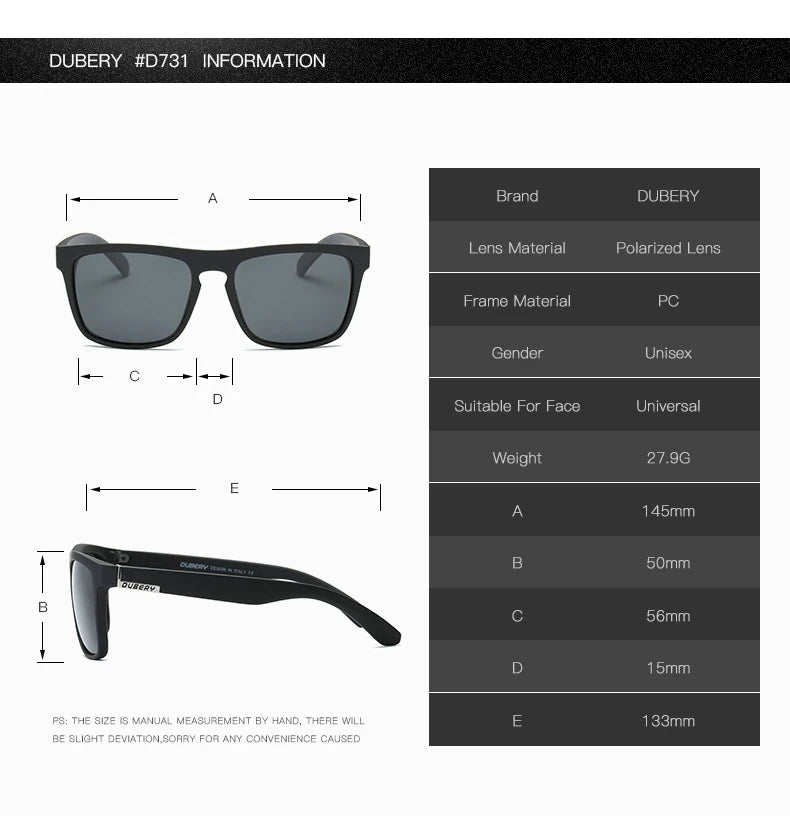 DUBERY Vintage Sunglasses Polarized Men's Sun Glasses For Men Driving Black Square Oculos Male 10 Colors Model UV400 731