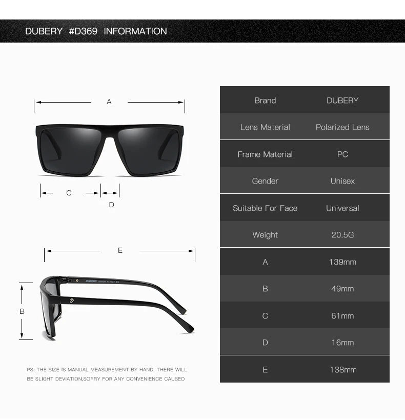 DUBERY Vintage Sunglasses Polarized Men's Sun Glasses For Men Driving Black Square Oculos Male 8 Colors Model 369