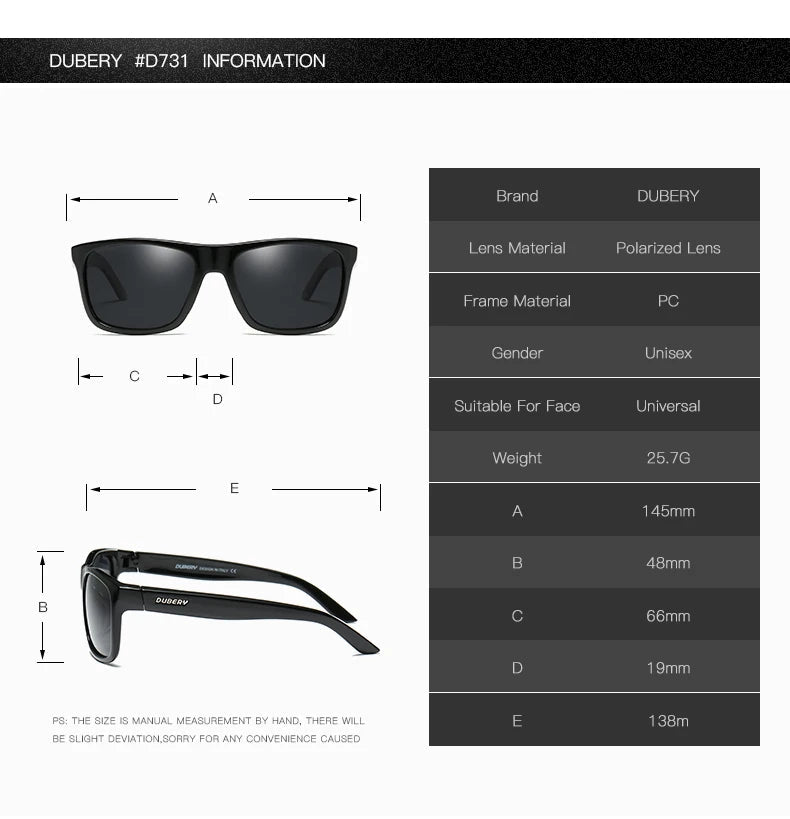 DUBERY Vintage Sunglasses Polarized Men's Sun Glasses For Men Driving Black Square Oculos Male 9 Colors Model UV400 D182