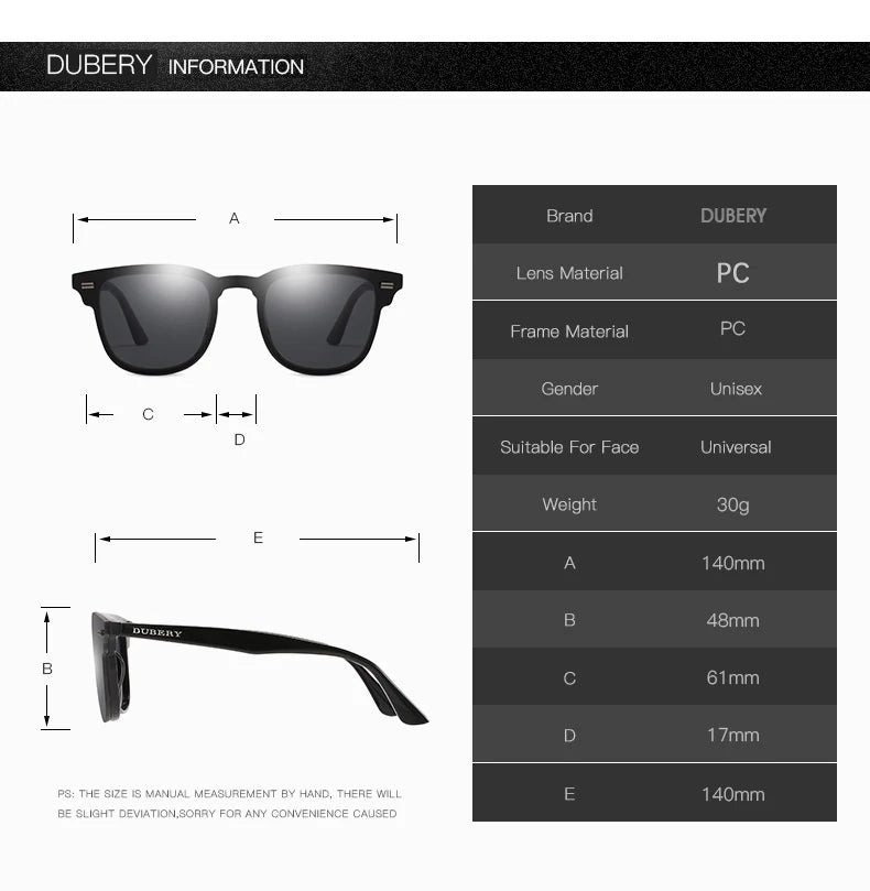 DUBERY Vintage Sunglasses uv400 Men's Sun Glasses For Men Driving Black Square Oculos Male 7 Colors Model 3002 D3002