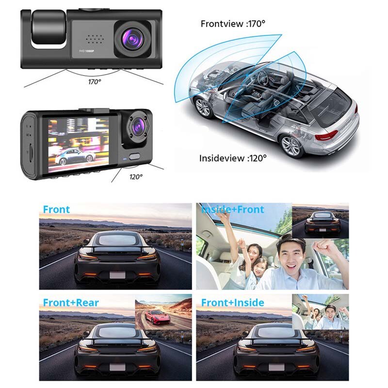 Dash Cam W/ IR Night Vision Loop Recording & IPS Screen 1080P 3 Camera