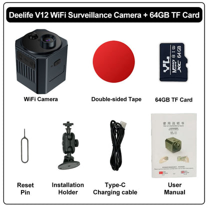 Deelife Wifi Surveillance Camera Wireless Indoor Outdoor Wi-Fi Security Cameras for Home Waterproof Mini IP Cam V12 With 64GB China Type-C