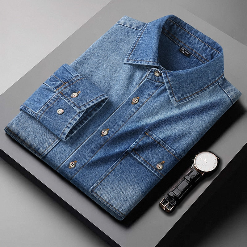 Denim Cotton Shirt For Men's Long Sleeves Spring Autumn Style Fashion Casual Clothing