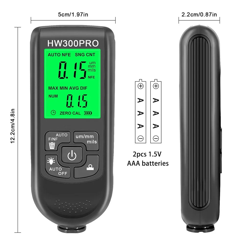 Electroplate Metal Coating Thickness Tester HW-300 Digital 0-2000um Fe and NFe Probe Car Paint Coating Thickness Gauge