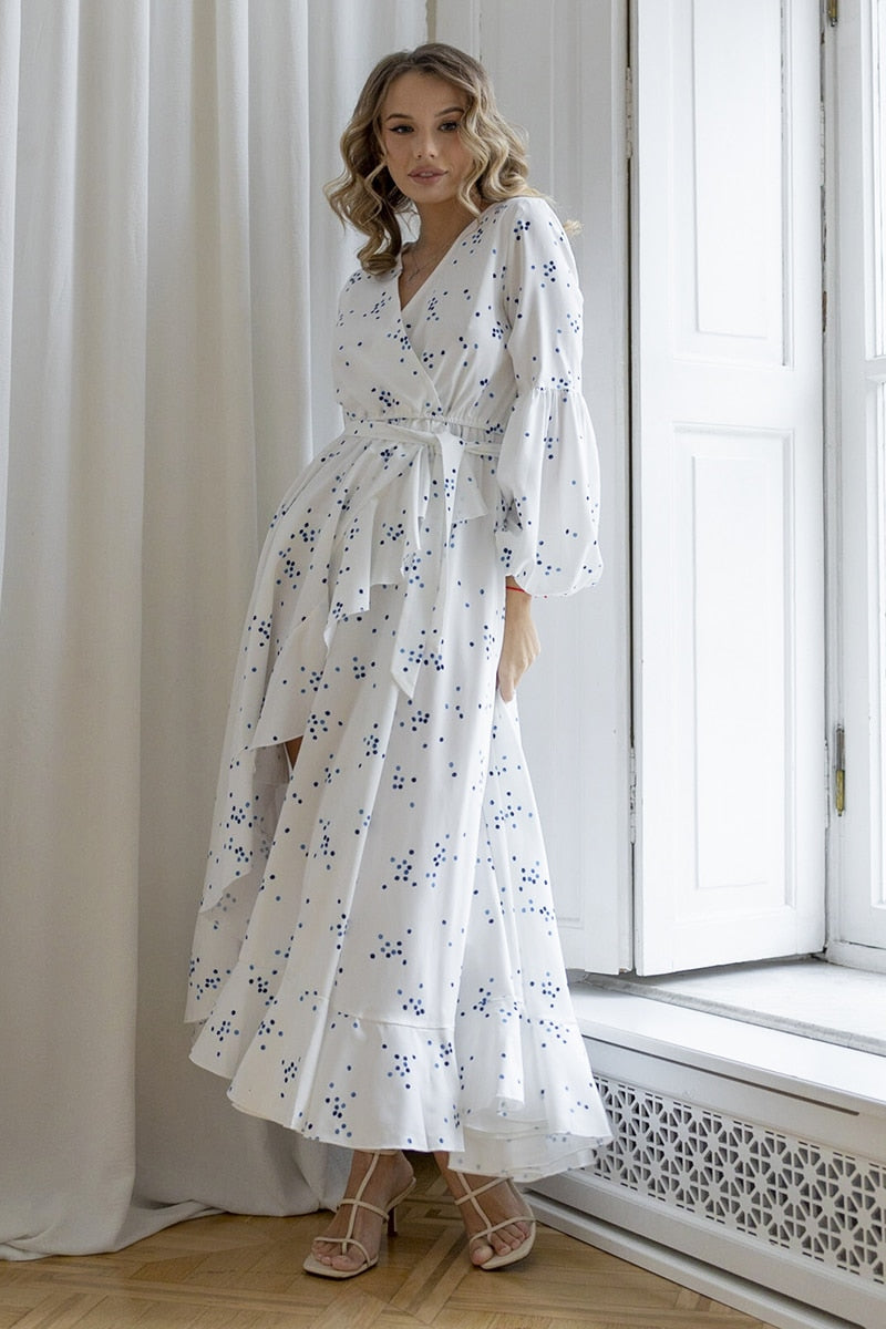 Elegant Vintage Summer Bandage White Chiffon Blue Polka Dot Long Dresses Long Sleeve Sexy Slit Boho Beach Maxi Dresses For Women