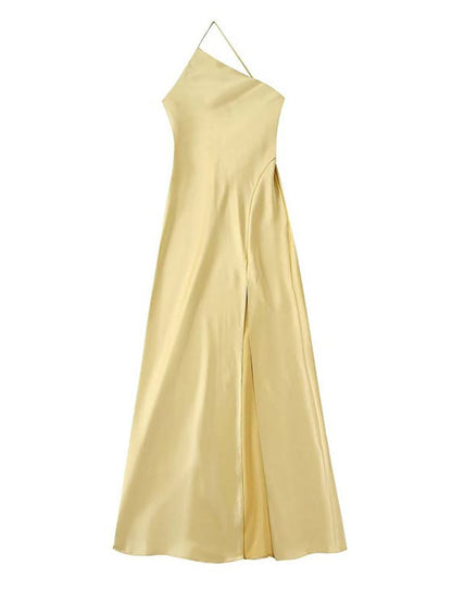 Elegant Women's Satin Off Shoulder Dress Summer Sexy Split Sleeveless Sundress Fashion Chic Ladies Party Club Dress Yellow