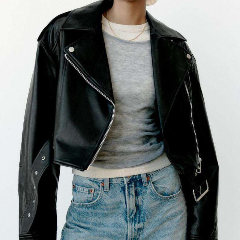 Fashion Chic Zipper Faux Leather Cropped Coat Vintage Street Women Motorcycle Jacket Female Casual PU Outerwear Tops Black