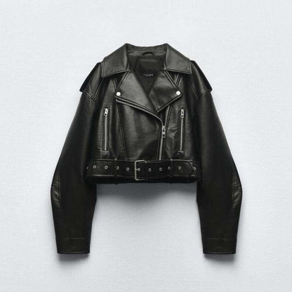 Fashion Chic Zipper Faux Leather Cropped Coat Vintage Street Women Motorcycle Jacket Female Casual PU Outerwear Tops