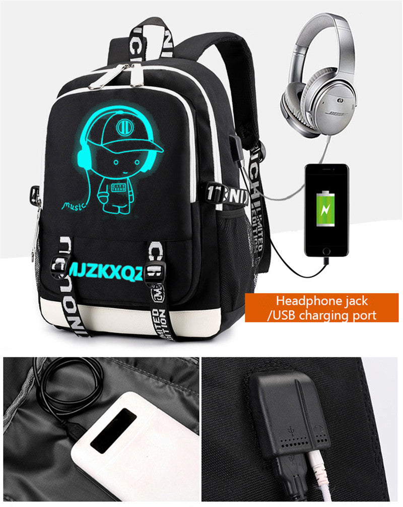 Fashion Music Luminous USB Charging Headphone Jack Backpack School Bags Laptop Backpack Schoolbag Anime Backpack