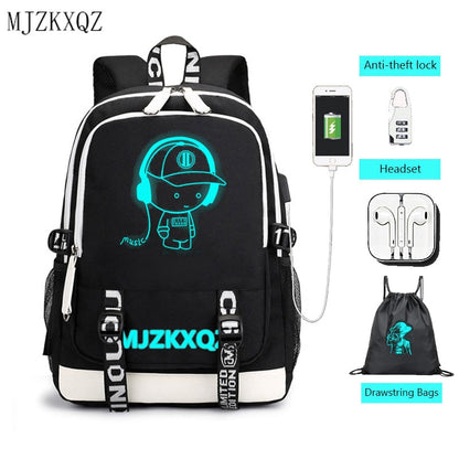 Fashion Music Luminous USB Charging Headphone Jack Backpack School Bags Laptop Backpack Schoolbag Anime Backpack