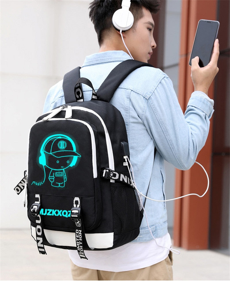 Fashion Music Luminous USB Charging Headphone Jack Backpack School Bags Laptop Backpack Schoolbag Anime Backpack