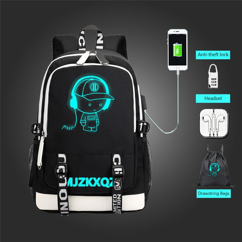 Fashion Music Luminous USB Charging Headphone Jack Backpack School Bags Laptop Backpack Schoolbag Anime Backpack Photo color