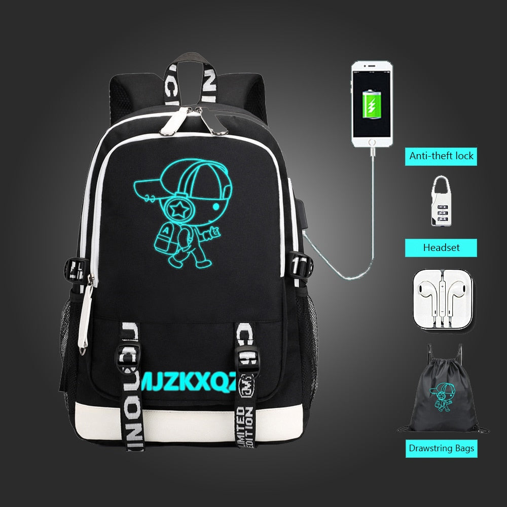 Fashion Music Luminous USB Charging Headphone Jack Backpack School Bags Laptop Backpack Schoolbag Anime Backpack Photo color 1