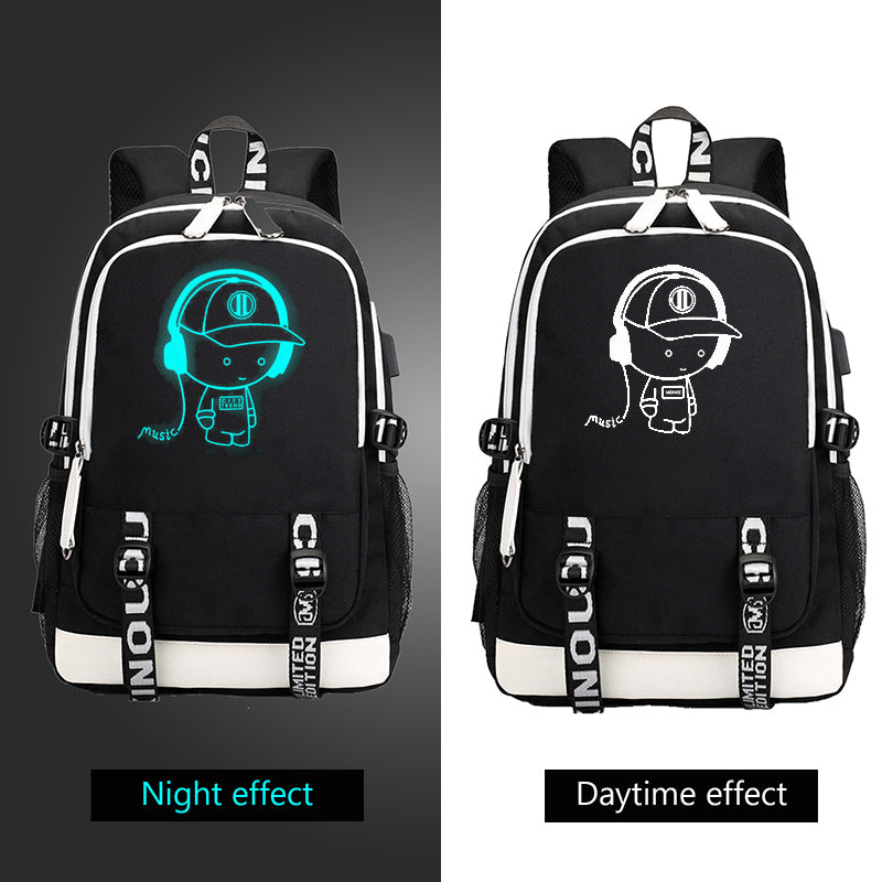 Fashion Music Luminous USB Charging Headphone Jack Backpack School Bags Laptop Backpack Schoolbag Anime Backpack
