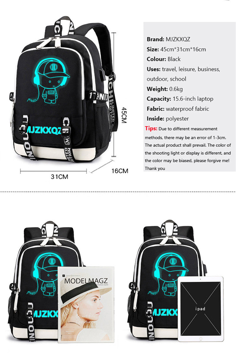 Fashion Music Luminous USB Charging Headphone Jack Backpack School Bags Laptop Backpack Schoolbag Anime Backpack