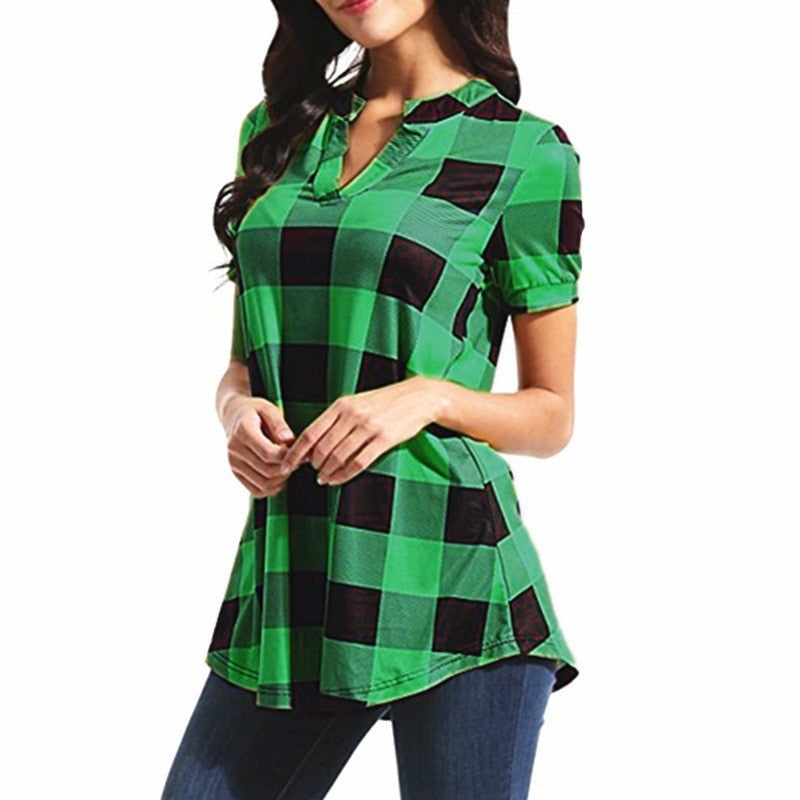 Fashion Plaid T-Shirt Woman Top Tee Harajuku Tshirt Summer T Shirt Women Clothes Camisetas Mujer Ladies Tops Casual Blusas Green--Short