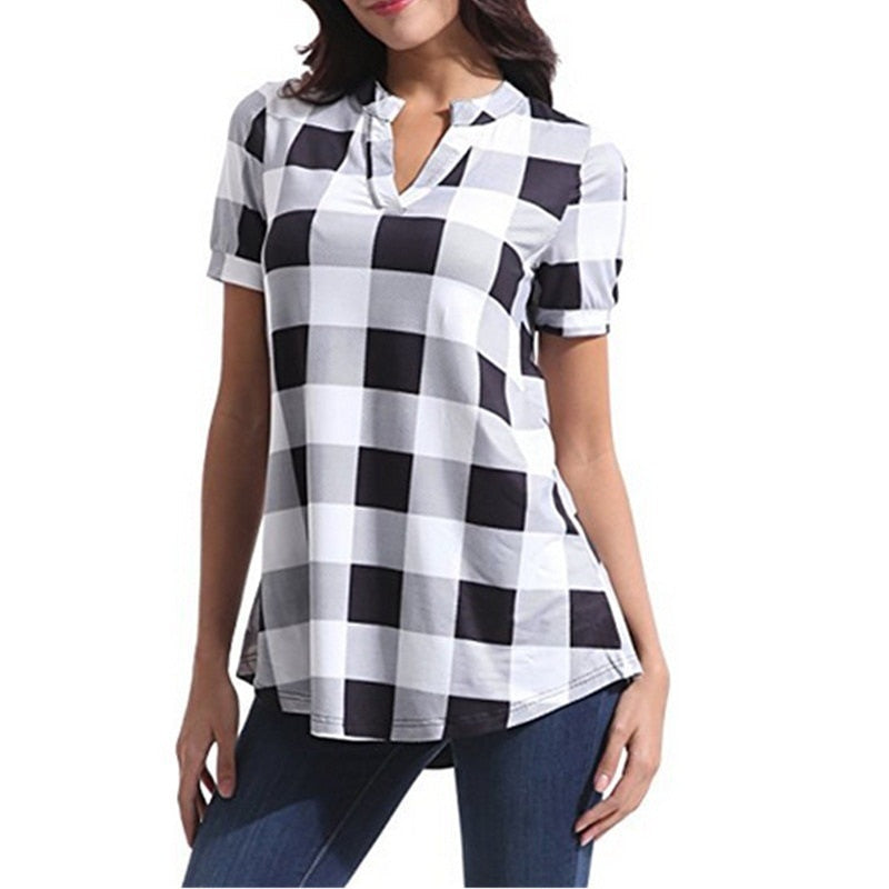 Fashion Plaid T-Shirt Woman Top Tee Harajuku Tshirt Summer T Shirt Women Clothes Camisetas Mujer Ladies Tops Casual Blusas White-Short