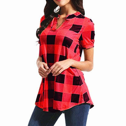 Fashion Plaid T-Shirt Woman Top Tee Harajuku Tshirt Summer T Shirt Women Clothes Camisetas Mujer Ladies Tops Casual Blusas Red-Short