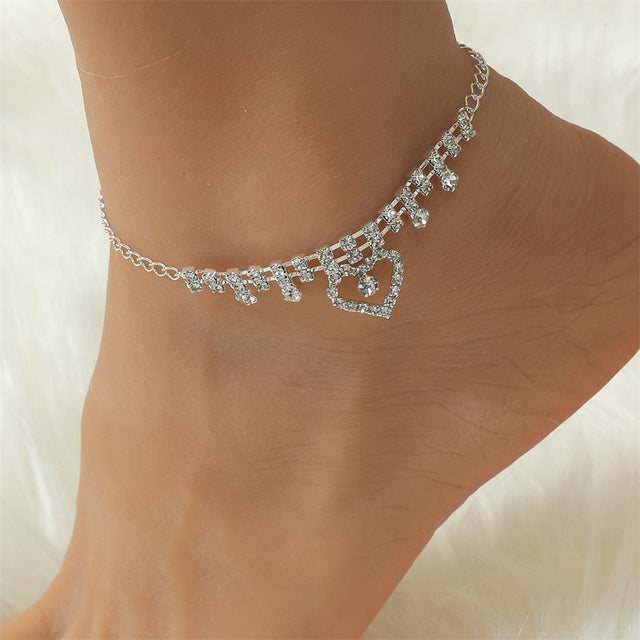 Fashion Silver Color Rhinestone Double Heart Anklet for Women Bling Hollow Out Love Foot Ankle Leg Bracelet Chain Jewelry G01-SP070-B