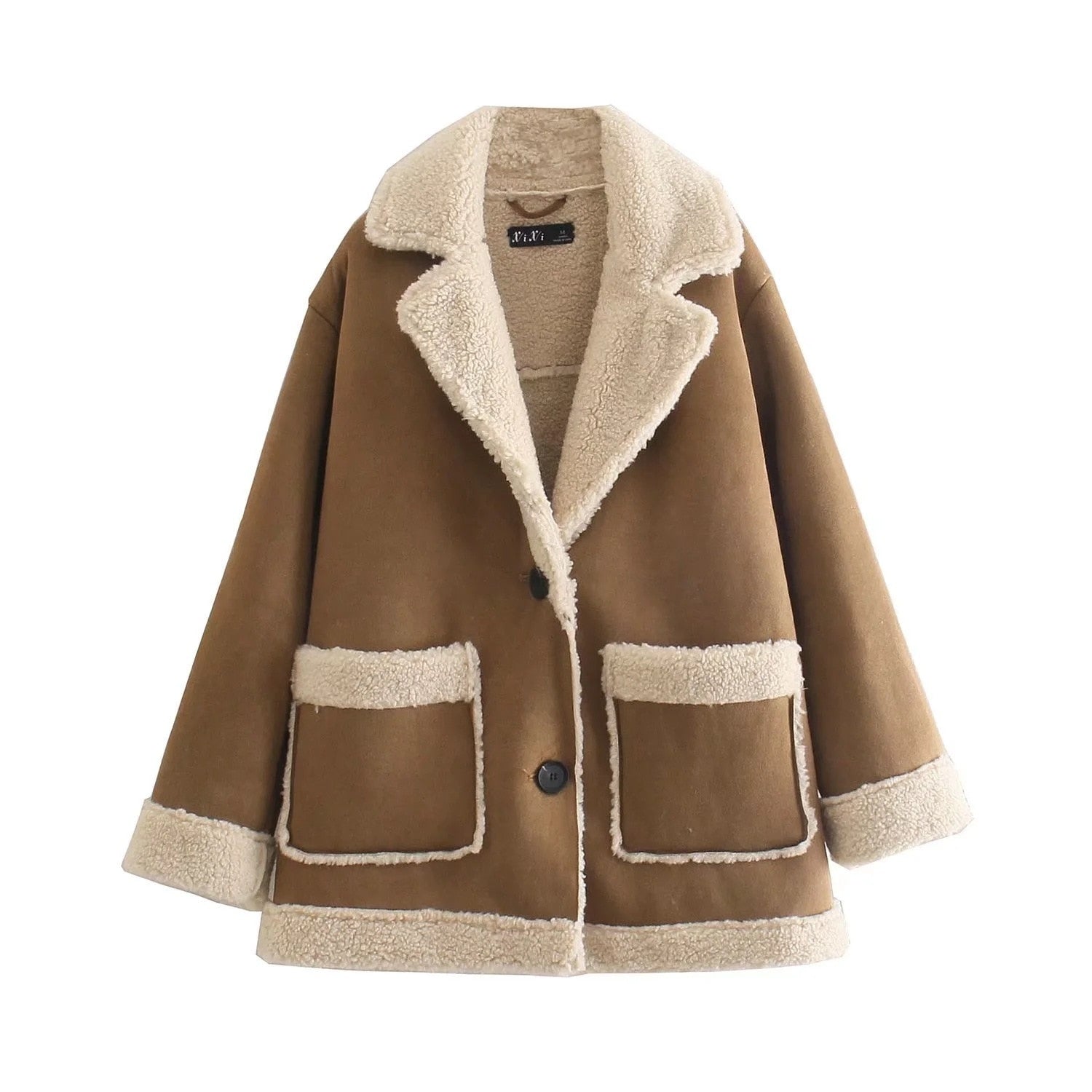 Fashion Thick Lamb Wool Fur Fleece Coat Women Casual Loose Lapel Locomotive Jacket Spring Female Street Teddy Coat Khaki-A