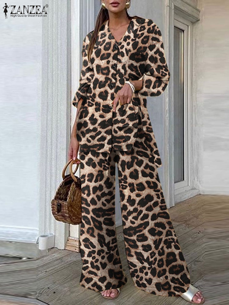 Fashion Women Leopard Print Pant Sets Casual Loose Tops and Pant Outfits Autumn Wide Leg Pant Leisure Two Piece Sets