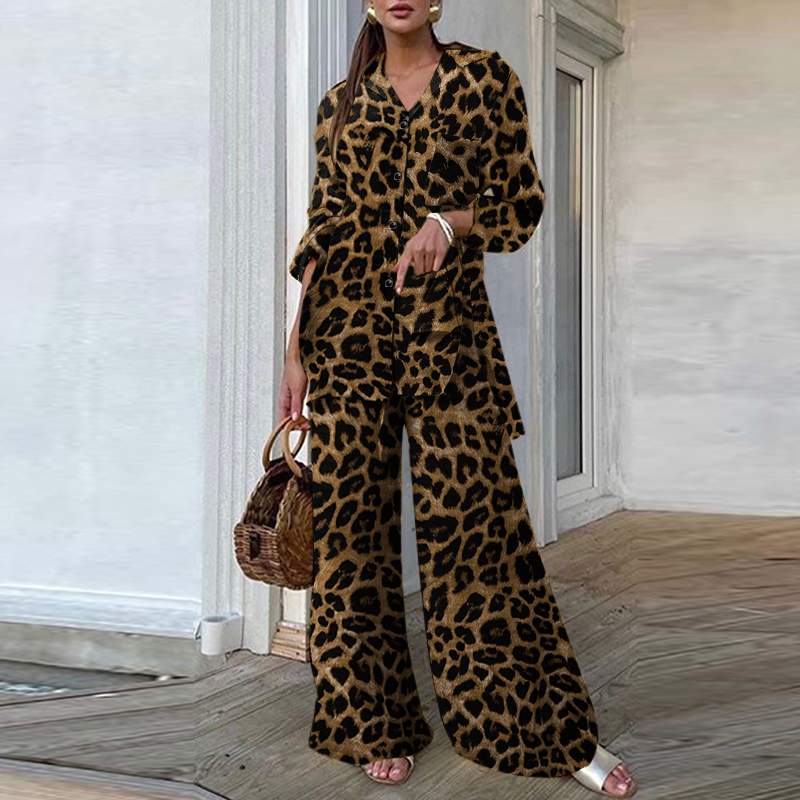Fashion Women Leopard Print Pant Sets Casual Loose Tops and Pant Outfits Autumn Wide Leg Pant Leisure Two Piece Sets (Leopard)Brown China