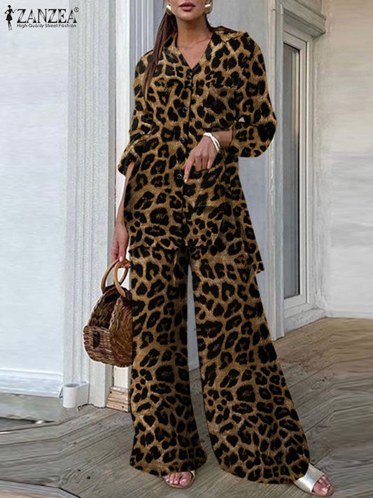 Fashion Women Leopard Print Pant Sets Casual Loose Tops and Pant Outfits Autumn Wide Leg Pant Leisure Two Piece Sets
