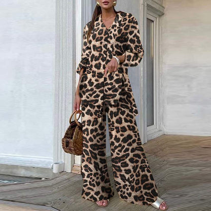 Fashion Women Leopard Print Pant Sets Casual Loose Tops and Pant Outfits Autumn Wide Leg Pant Leisure Two Piece Sets (Leopard)Khaki China
