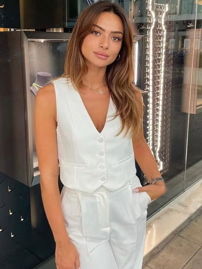 Fashion Women's Vest Summer Sleeveless Vests for Women Chic V-Neck Single-breasted Ladies White Waistcoat Tops New In