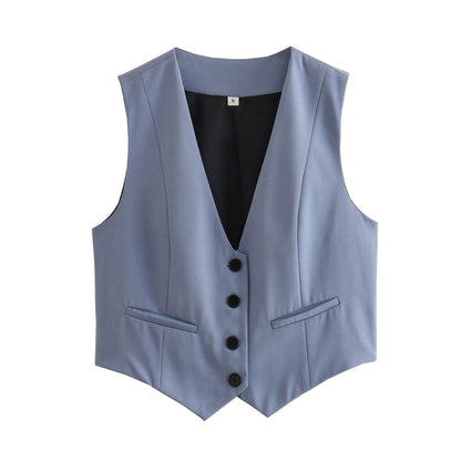 Fashion Women's Vest Summer Sleeveless Vests for Women Chic V-Neck Single-breasted Ladies White Waistcoat Tops New In Gray
