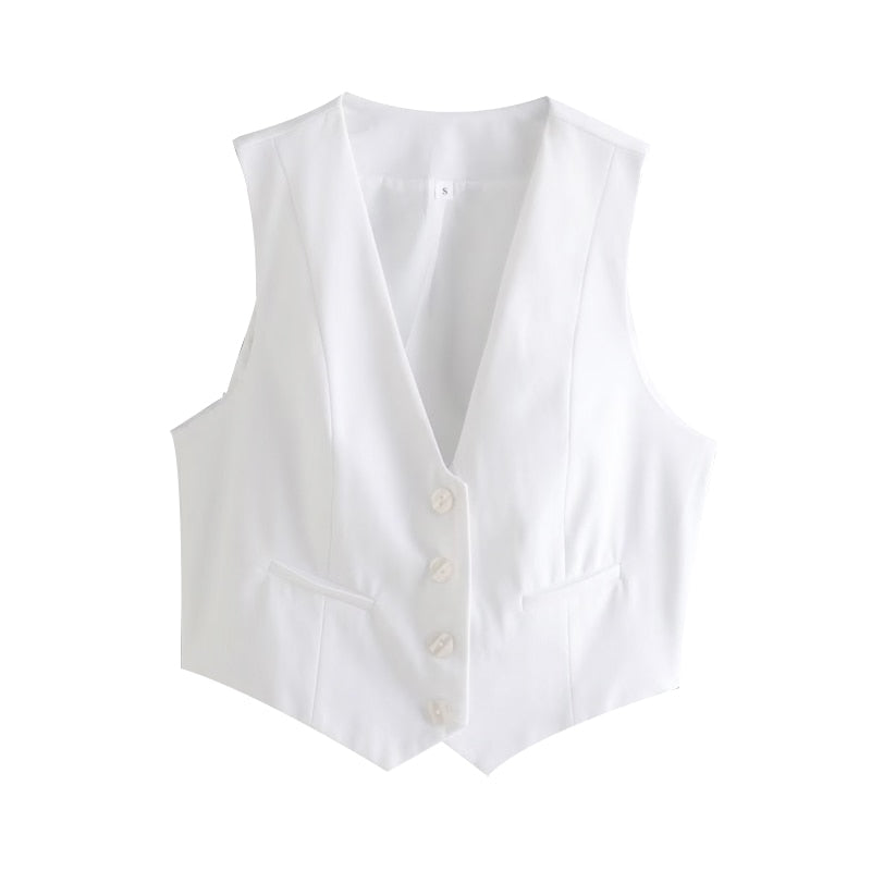 Fashion Women's Vest Summer Sleeveless Vests for Women Chic V-Neck Single-breasted Ladies White Waistcoat Tops New In white