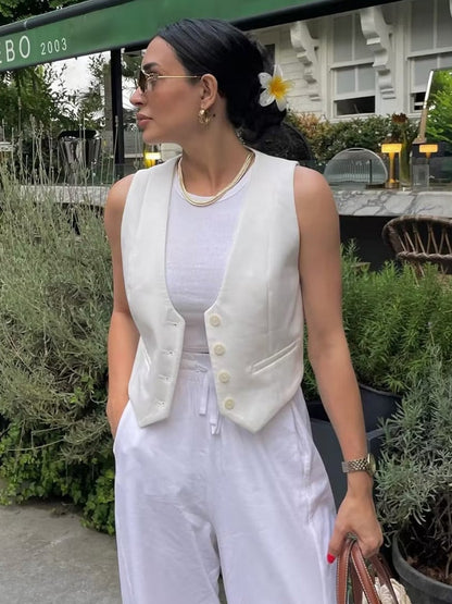 Fashion Women's Vest Summer Sleeveless Vests for Women Chic V-Neck Single-breasted Ladies White Waistcoat Tops New In