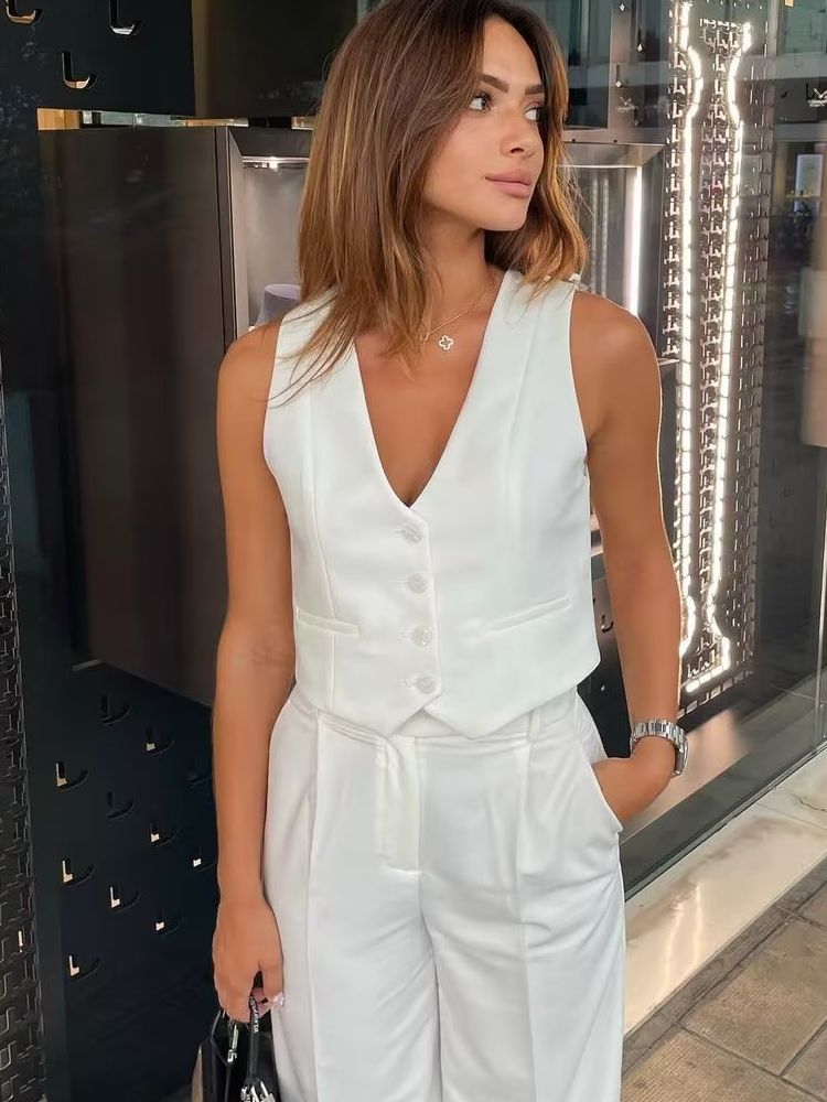 Fashion Women's Vest Summer Sleeveless Vests for Women Chic V-Neck Single-breasted Ladies White Waistcoat Tops New In