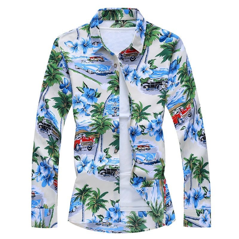 Fashions Autumn Spring Clothes Long Sleeves Shirt Men Plus Hawaiian Beach Casual Floral