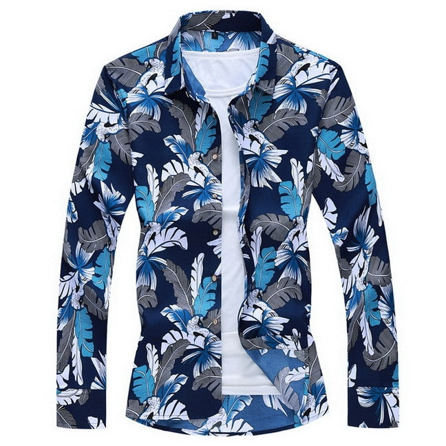 Fashions Autumn Spring Clothes Long Sleeves Shirt Men Plus Hawaiian Beach Casual Floral 291 DB ASIAN SIZE