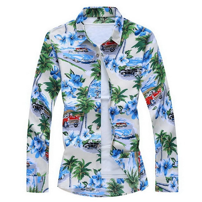 Fashions Autumn Spring Clothes Long Sleeves Shirt Men Plus Hawaiian Beach Casual Floral 252 ASIAN SIZE