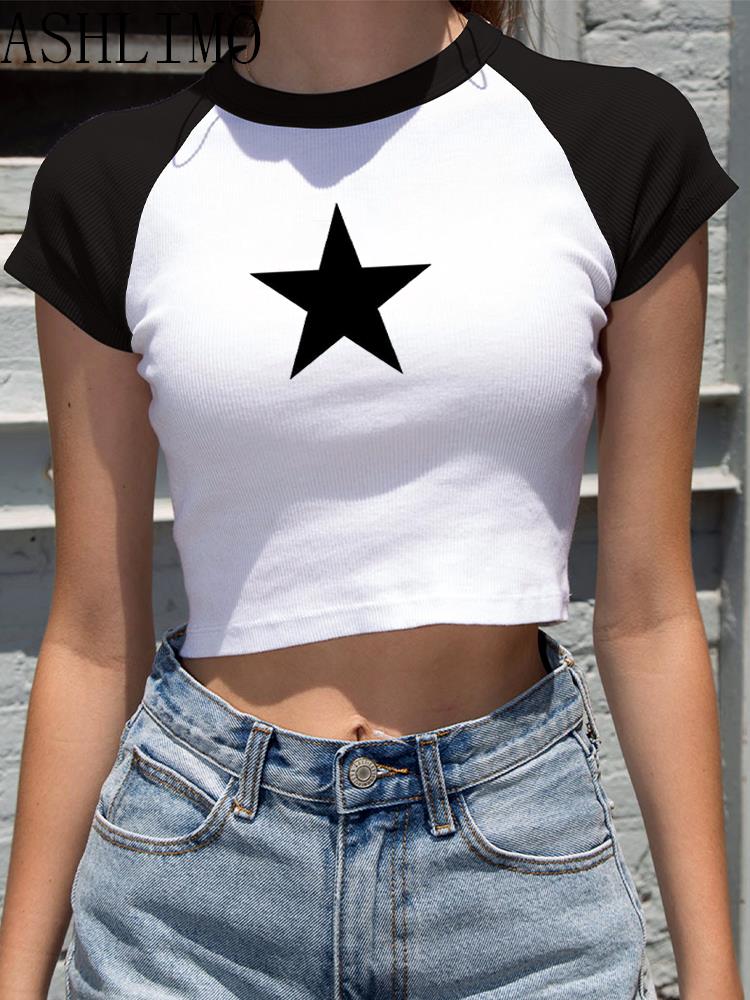 Female Clothes Star Tops Women Tshirt Harajuku Retro Fashion Gothic Short Sleeve Crop Sexy Tops Aesthetics Tops Short Navel