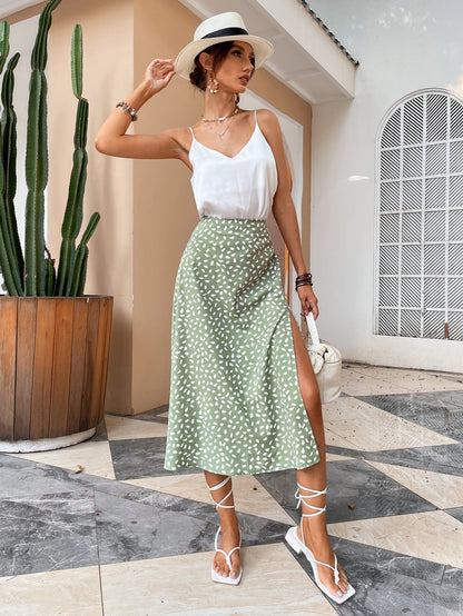 Green Boho Split Thigh Allover Print Women Skirts Elegant Dresses Slit Long Length High Waist With Zipper Slight Stretch